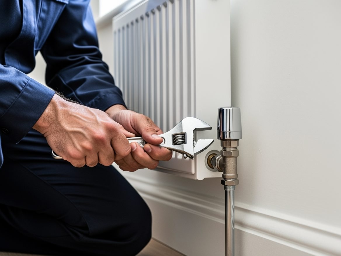 Barnet Plumber working on a radiator valve